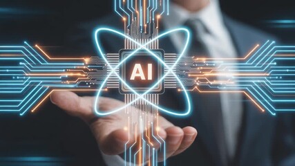 Businessman holding in hand data of brain digital. Artificial intelligence technology. Machine Learning business concept. intricate holographic icon of an AI processor. - Powered by Adobe