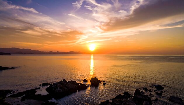 A stunning coastal sunset captures the eye, with a golden sun reflecting on the calm sea, painted sky with clouds and rocks