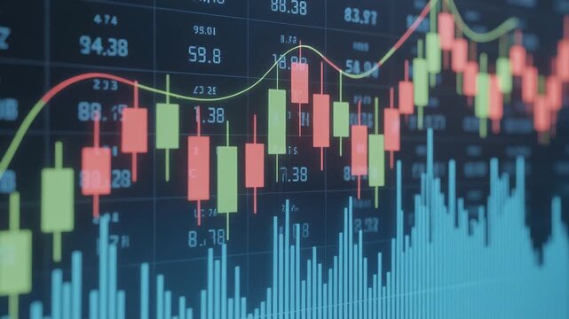 Investing and stock market concept gain and profits with faded candlestick charts, digital display representing financial market data and trends. The foreground features prominent green and red