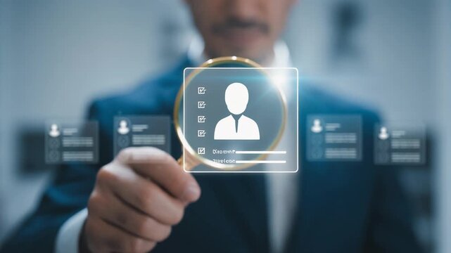 HR, HRM, Human resources management concept. Check resume, Screening employee information, job applicants. businessman holding a classic magnifying glass. He is using the magnifying glass to inspect