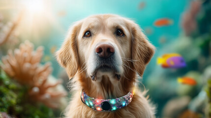 The magical and dreamlike concept of a beloved canine companion exploring the serene beauty of a sunlit marine environment.