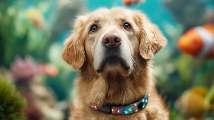 A majestic golden retriever with a whimsical, ethereal glow, set against a vibrant, out-of-focus background of underwater life.