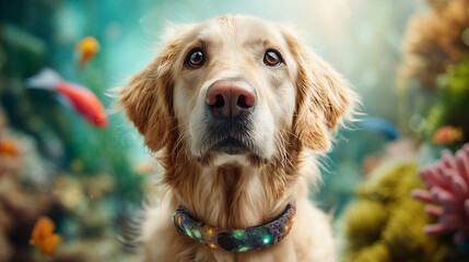 A fantasy pet portrait of an adorable dog in a serene aquatic dreamscape, wearing a futuristic, glowing collar.