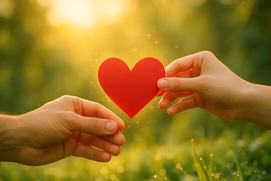 Hands exchange red heart in golden sunlight