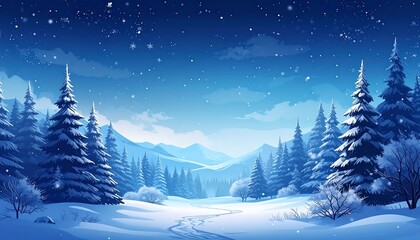 A serene digital painting portrays a snowy winter landscape with tall, snow-covered pine trees and distant mountains under a starry sky