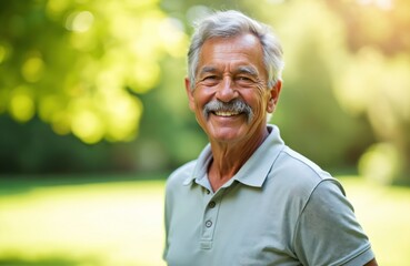 Smiling senior man with grey hair, mustache poses outdoors. He wears light blue polo shirt, stands in park with green trees, sunlight. Confident, happy, enjoying his retired life in nature.