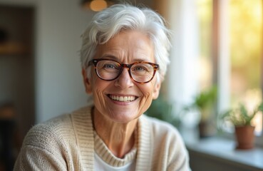 Smiling 55 year old woman with white hair and glasses. She is indoors, looking happy and cheerful. This portrait captures a pleasant senior woman.