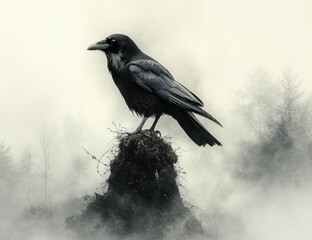 Fototapeta premium A Detailed Dark Crow Perched Atop A Misty Mound Against A Softly Blurred Background