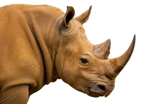 Isolated rhinoceros portrait, detailed skin and textured horns, African wildlife animal side view