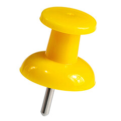 A single, yellow push pin isolated on a black background, brightly lit