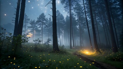 Fototapeta premium Magical forest scene with glowing lights and fireflies at night