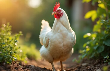 Fototapeta premium White hen stands on soil in garden during sunrise. Domestic bird with red comb and white feathers enjoys nature outdoor. Farming scene with green plants background.