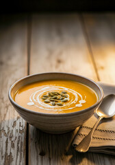 Bowl of creamy pumpkin soup topped with a swirl of cream and roasted pumpkin seeds, served on rustic wooden table in warm light.Perfect cozy autumn meal.