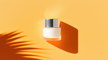 Bright white cream jar on vibrant orange background with palm leaf shadow
