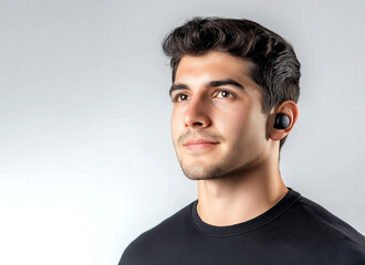 Fototapeta premium Portrait of Young Man with Dark Hair and Earbud Looking Upwards. Isolated on Light Background
