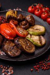 Grilled vegetables, bell peppers, mushrooms, and zucchini, a vegetarian meal. Grilled vegetables