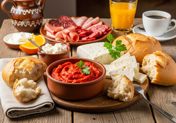 Homemade ajvar served on a wooden table with white cheese, fresh bread, and olives. A simple yet flavorful traditional Balkan meal that reflects the warmth of homemade food and local culture. 