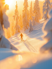 Skiing through snowy landscape at sunset near tall frosted trees