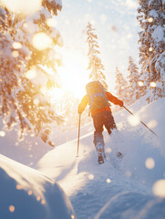 Skier climbing uphill through deep snow in golden sunlight. Winter effort and determination in off-piste adventure