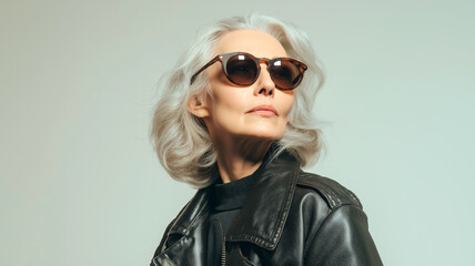 Fototapeta premium Side Profile of a Stylish Senior Woman in Black Leather Jacket and Sunglasses. Rock & Roll Style