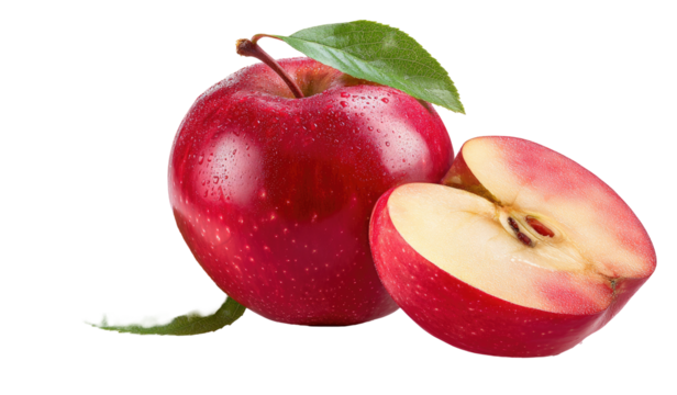 Fresh red apple, whole and halved, with leaves