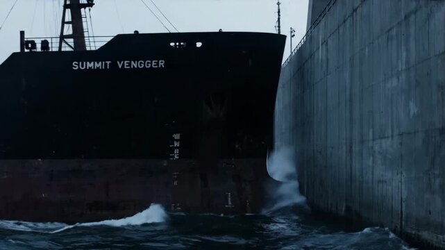 A large ship collides with a concrete structure, causing a huge impact.