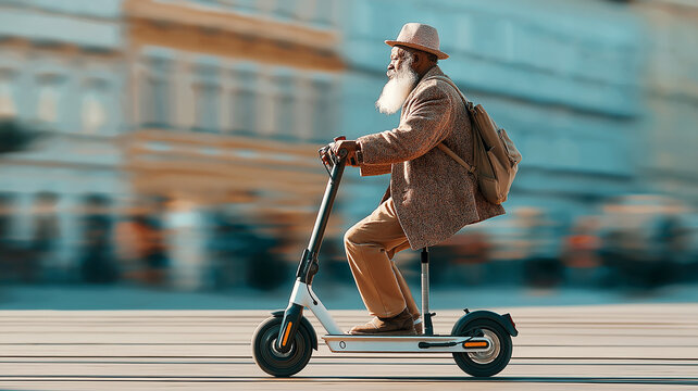 Stylish African American Senior Man with Beard Riding Electric Scooter Through City Street. Motion Blur