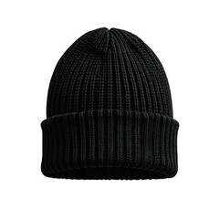 Black ribbed knit beanie hat against a stark black background. Rendered with detailed texture