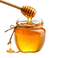 Golden honey flows from a wooden dipper into a glass jar, with a string tied around it