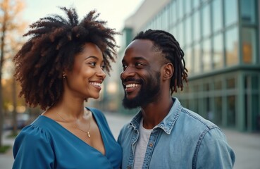 Happy mixed ethnicity couple smile looking. Young attractive woman, handsome man outdoors posing at street near building. Positive human relationships, diversity concept. Lovers enjoy time together.
