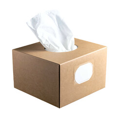 A brown cardboard tissue box with a white tissue pulled out from the circular opening