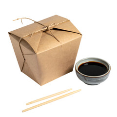 A takeout food container tied with twine and a small bowl of dark sauce with chopsticks