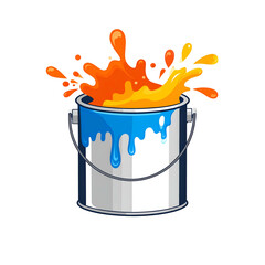 Cartoon paint can with blue paint dripping and a burst of orange and yellow splashes above