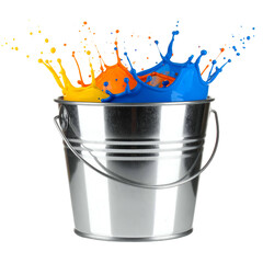 Metallic bucket overflowing with vibrant yellow, orange, and blue paint splashes against black