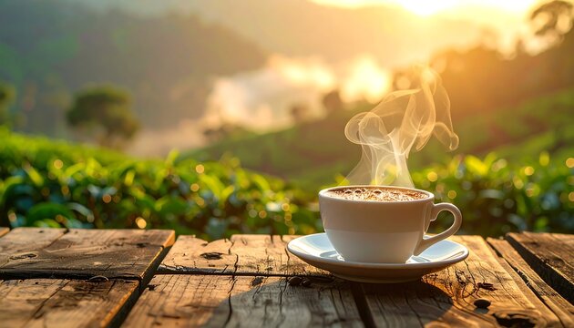 A steaming coffee cup rests on a wooden surface, overlooking lush green tea plantations and a sunlit mountain