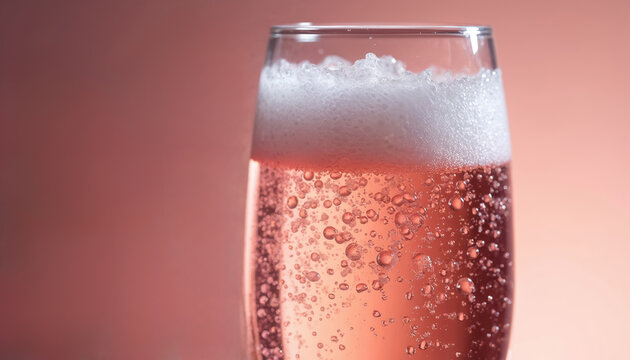 Elegant glass of pink champagne with shimmering bubbles. Pink bubbly wine in glass with foam. Sparkling rose champagne on pink background. Luxury drink for celebration, special occasions. Fancy