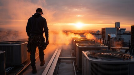 Skilled technician working on rooftop HVAC systems during sunset with dramatic sky and steam