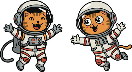 Cute cartoon cats wearing astronaut suits floating in space, adorable cosmic animal illustration for kids and space design