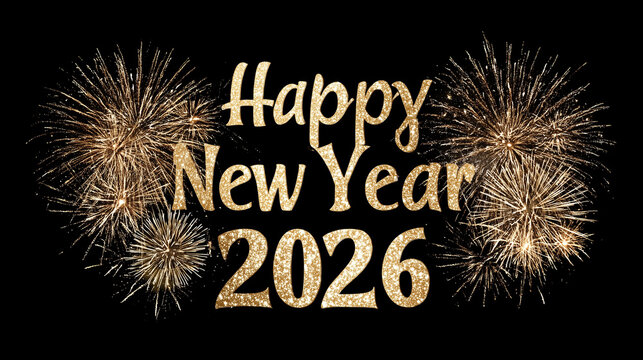 text "Happy New Year 2026," golden text on a black background with fireworks, in a golden and white color theme. Template for greeting card, new year invitation.