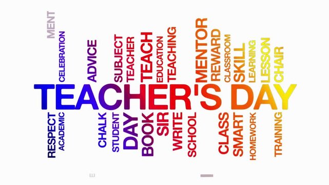 Teachers day concept Animated Tag Word Cloud kinetic typography, Text Design Animation typography seamless loop video motion graphics Intro,  Word Art blue red orange yellow gradient bg background bac