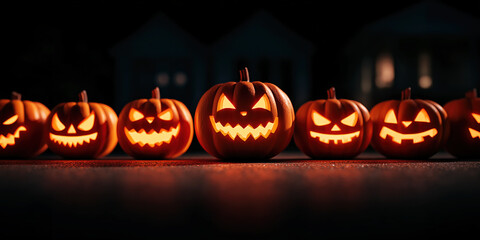 Row of glowing Halloween pumpkins on a dark street. Spooky jack o’ lanterns creating a festive night atmosphere
