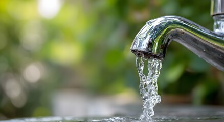 Close-up of a shiny metal faucet with clear water flowing outdoors, symbolizing purity, sustainability, and clean resources, with a blurred green natural background creating a fresh and eco-friendly 