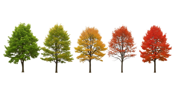 Five trees showing seasonal color change from green to red transparent