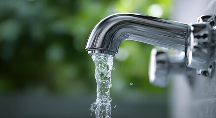 Close-up of a shiny metal faucet with clear water flowing outdoors, symbolizing purity, sustainability, and clean resources, with a blurred green natural background creating a fresh and eco-friendly 