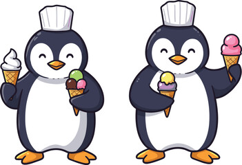 Cute penguins wearing chef hats happily holding colorful ice cream cones, fun summer dessert illustration for kids and design