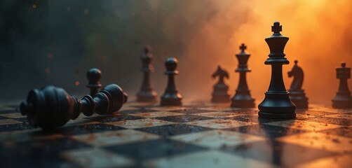 Black chess king piece standing on board with fallen pieces around. Chessboard with black and white squares, king and pawns. Strategic game with winner and losers.