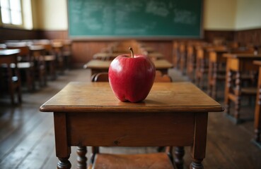 Red apple on wooden desk in empty classroom. Vintage chairs face green chalkboard. School room with desks, chairs. Educational environment with fruit on table. Classic interior with wooden furniture.