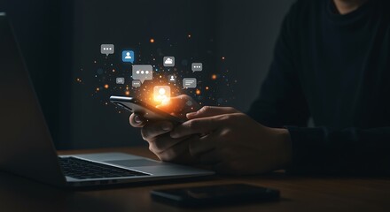 Closeup of a persons hands holding a smartphone, with glowing digital icons and data streams emanating from the screen, symbolizing connectivity