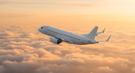Airplane Flying Above Fluffy Clouds at Sunset Sky Scape