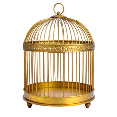 A detailed golden birdcage, ornate and empty against a stark black background